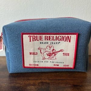 True Religion Denim Blue Toiletry Bag Red Zipper Front Patch NWT